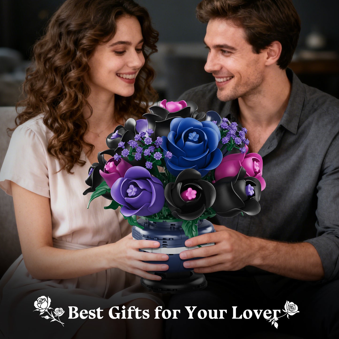 Flowers Botanicals Building Set - Artificial Purple Black Rose Bonsai Plant for Home Decor, 507PCS Artificial Flowers Building Set Indoor Gothic Decoration