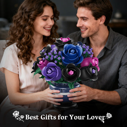 Flowers Botanicals Building Set - Artificial Purple Black Rose Bonsai Plant for Home Decor, 507PCS Artificial Flowers Building Set Indoor Gothic Decoration