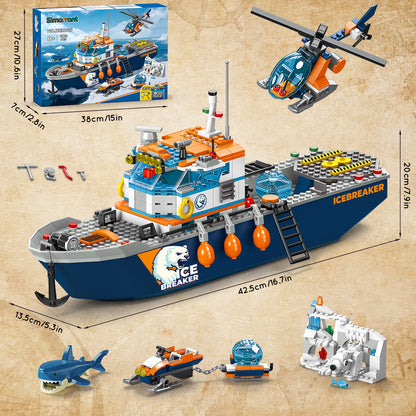 Arctic Icebreaker Ship Building Blocks Set with Helicopter, Boat & Polar Bear