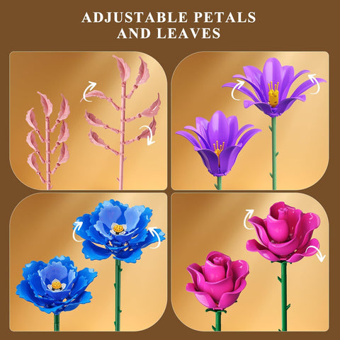 Valentines Flowers Bouquet Building Set with LED Light, 21 Flower Botanical Collection Block Toy, Rose Lily Home Plant Decor 1054PCS, 12+ (Purple)