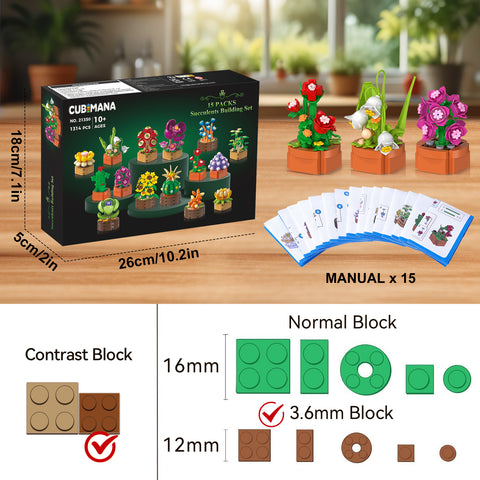 15 Pack Flowers Plants Mini Building Sets - 1314PCS 3.6MM Flower Succulents Botanical Collection for Home Office Décor Block Toy