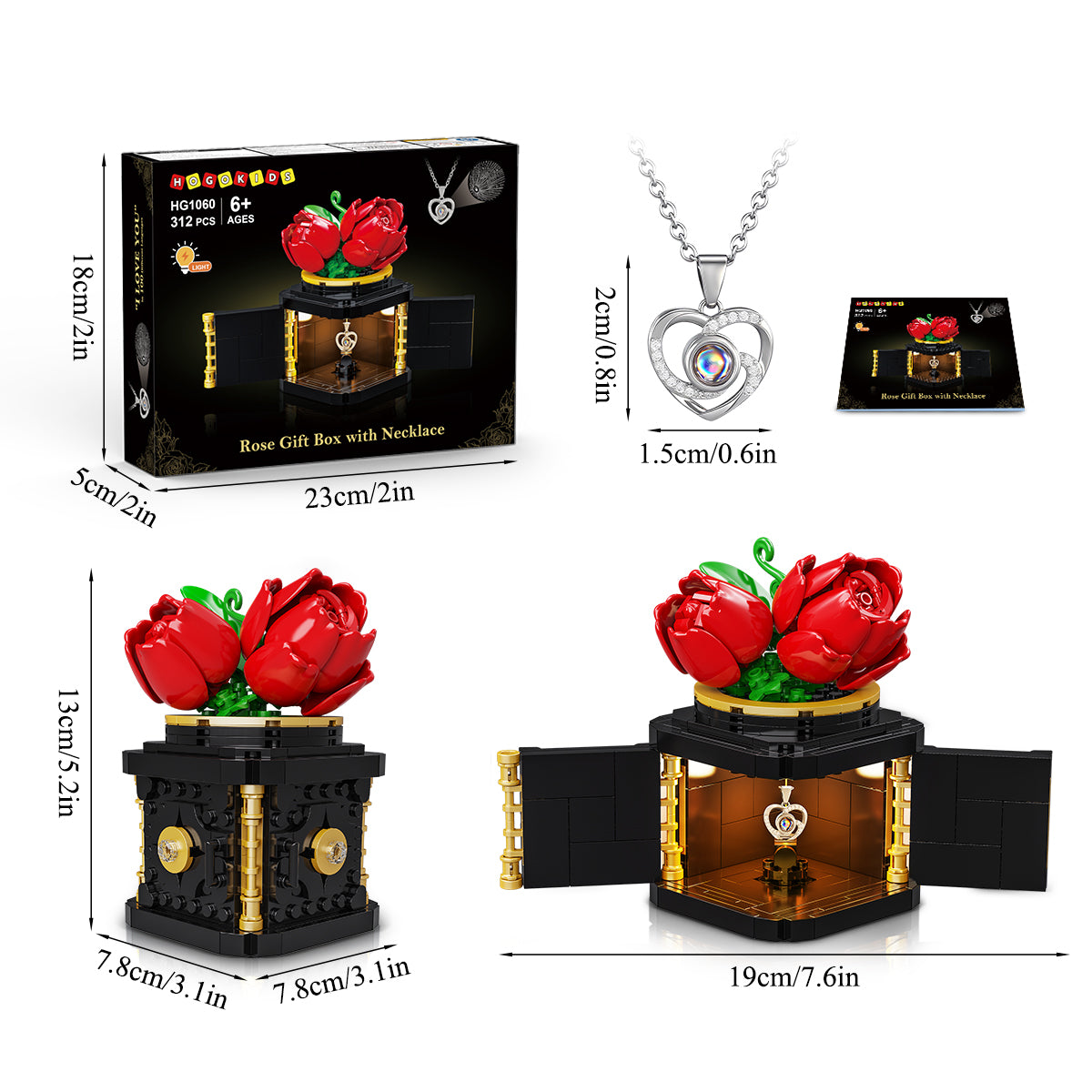 HOGOKIDS Flower Box Building Set with LED Light & Necklace, Preserved Roses with Heart Necklace I Love You Gift(312 PCS)