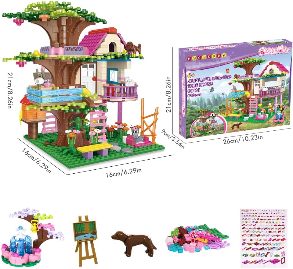 HOGOKIDS Tree House STEM Building Toy - Creative Construction Set 613PCS Forest House Building Bricks | Treehouse with Fountain and Animals, Building Block Toy