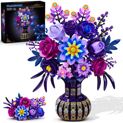 PLAXSOON Flowers Building Set with Vase for Her Adults, Botanical Decor