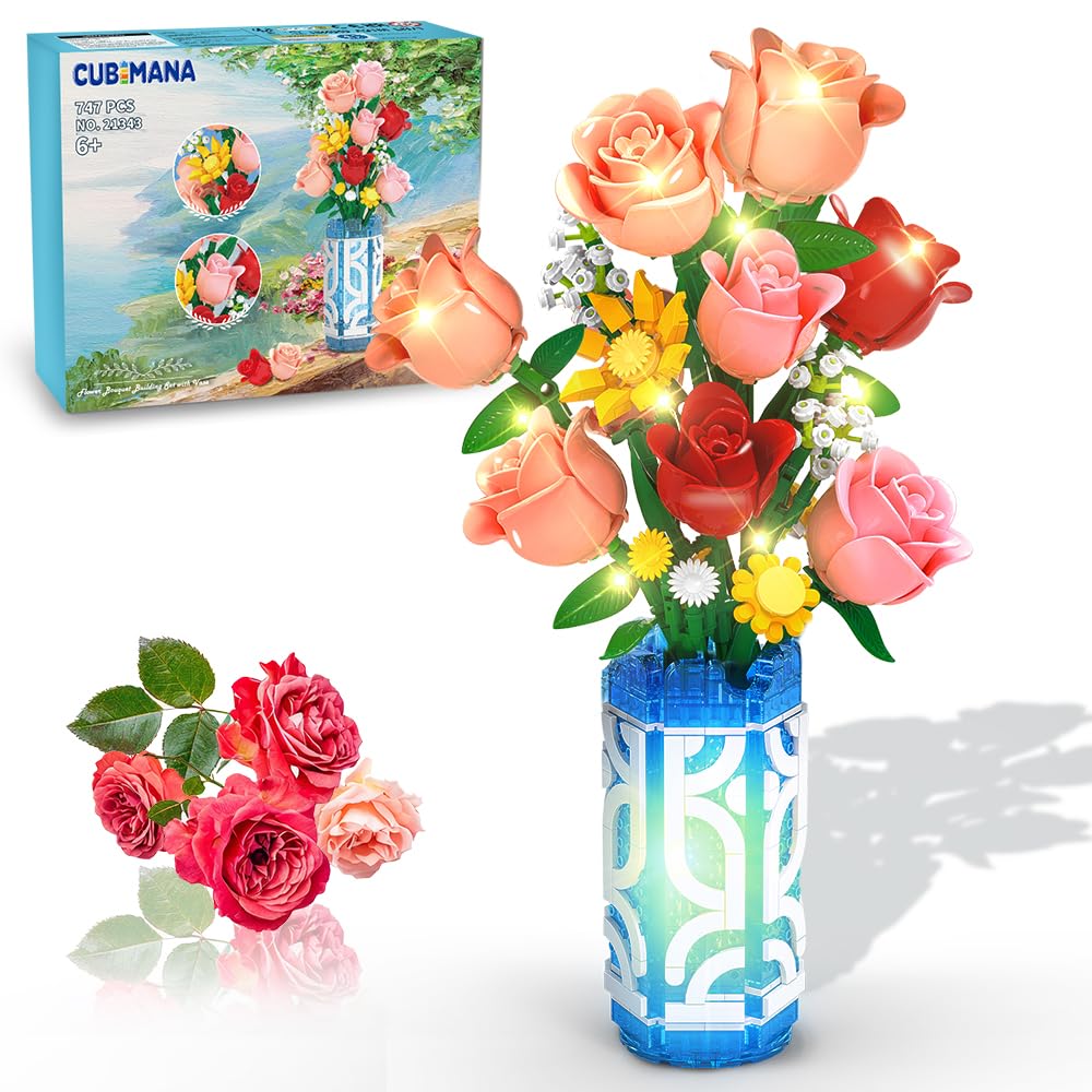 CUBIMANA 14 Flowers Bouquet Building Set with Vase and LED Light, Mother's Day 747 PCS
