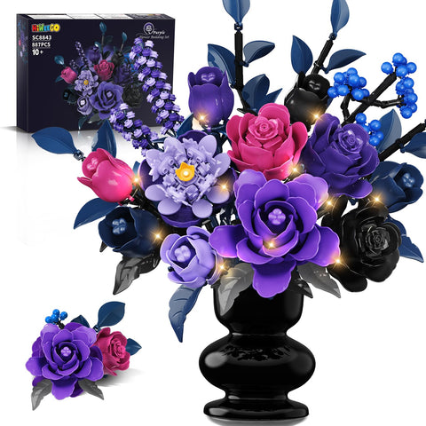 HiWEEGO 17 Artificial Flowers Toy, 887PCS Purple Roses Botanical Collection Building Block, Gothic Home Decor Valentine Birthday Gifts
