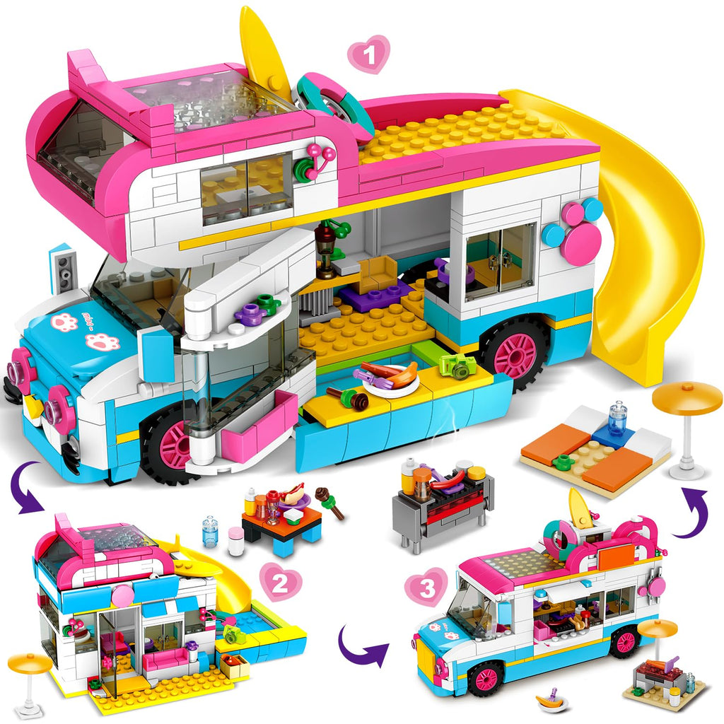 HOGOKIDS 3-in-1 Beach Camper Van Building Set, Gift for Boys Girls Age 6+