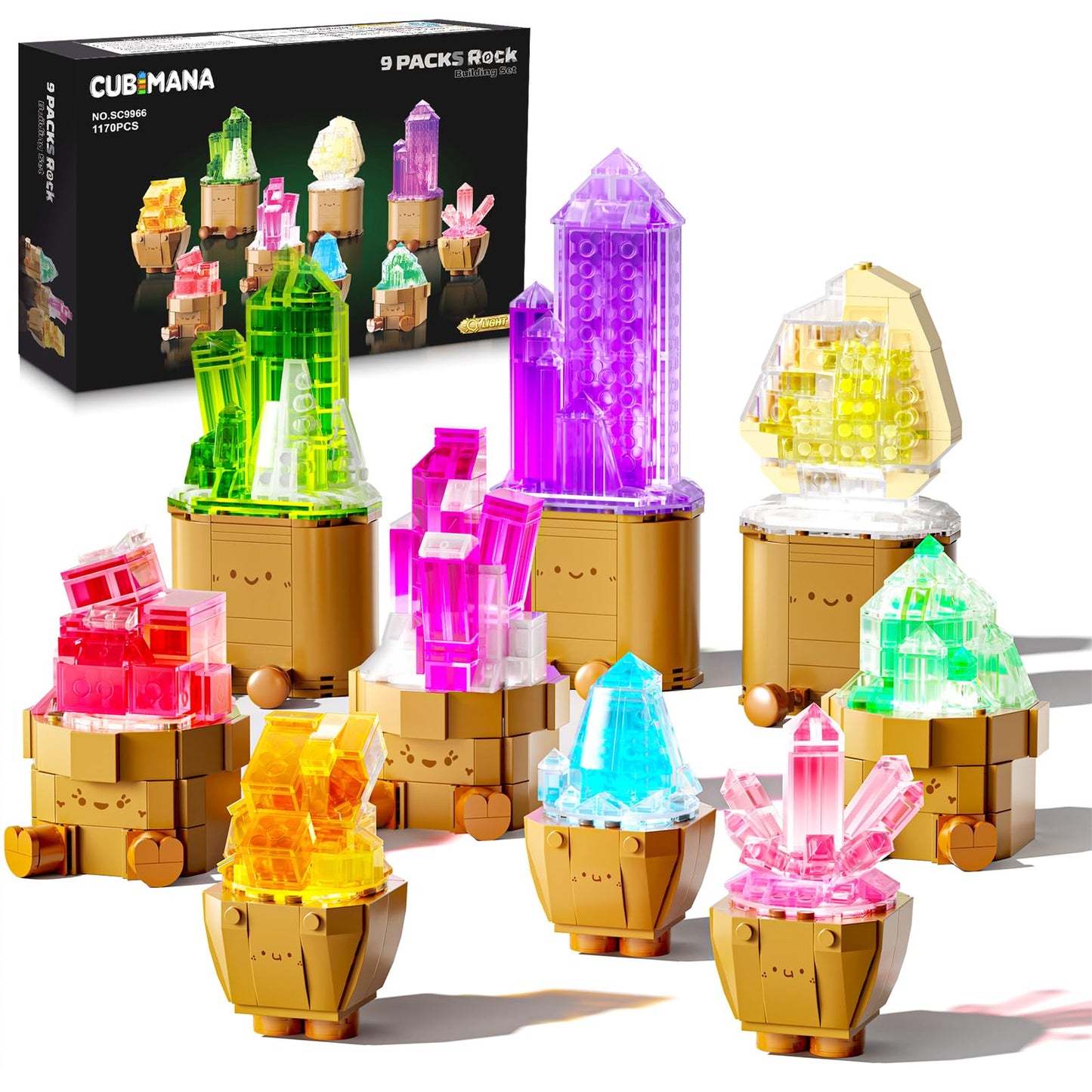 CUBIMANA 9 Pack Mineral Collection 3.6MM Mini Building Set for Adults with LED Light, 1170PCS Crystals Flower Botanical Bonsai Block Toy for Home Office Decor, Valentines Day Gifts for Teens Women