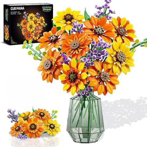 CUBIMANA 17 Flowers Sunflower Bouquet Building Set with Lights (1011PCS)