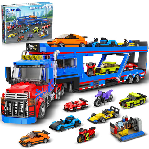 CUBIMANA City Transporter Truck Building Set with 7 Sports Cars - Adjustable Loading Ramp Tow Semi Truck with Carrier Aged 8-14
