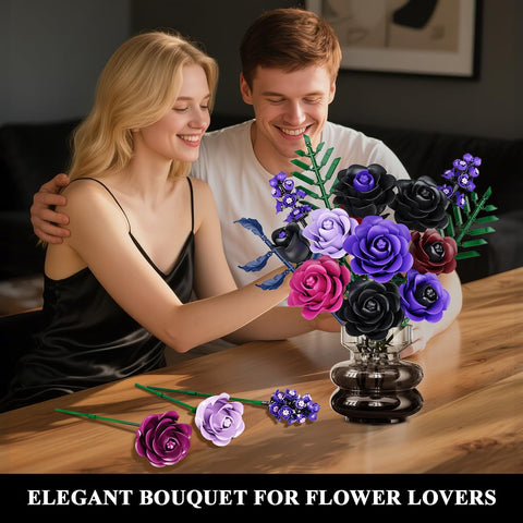 HOGOKIDS Valentine 14 Purple Roses Botanical Collection Building Block, 546PCS Artificial Black Rose Gothic Floral Home Office Decor, Birthday Gifts for Women Adults