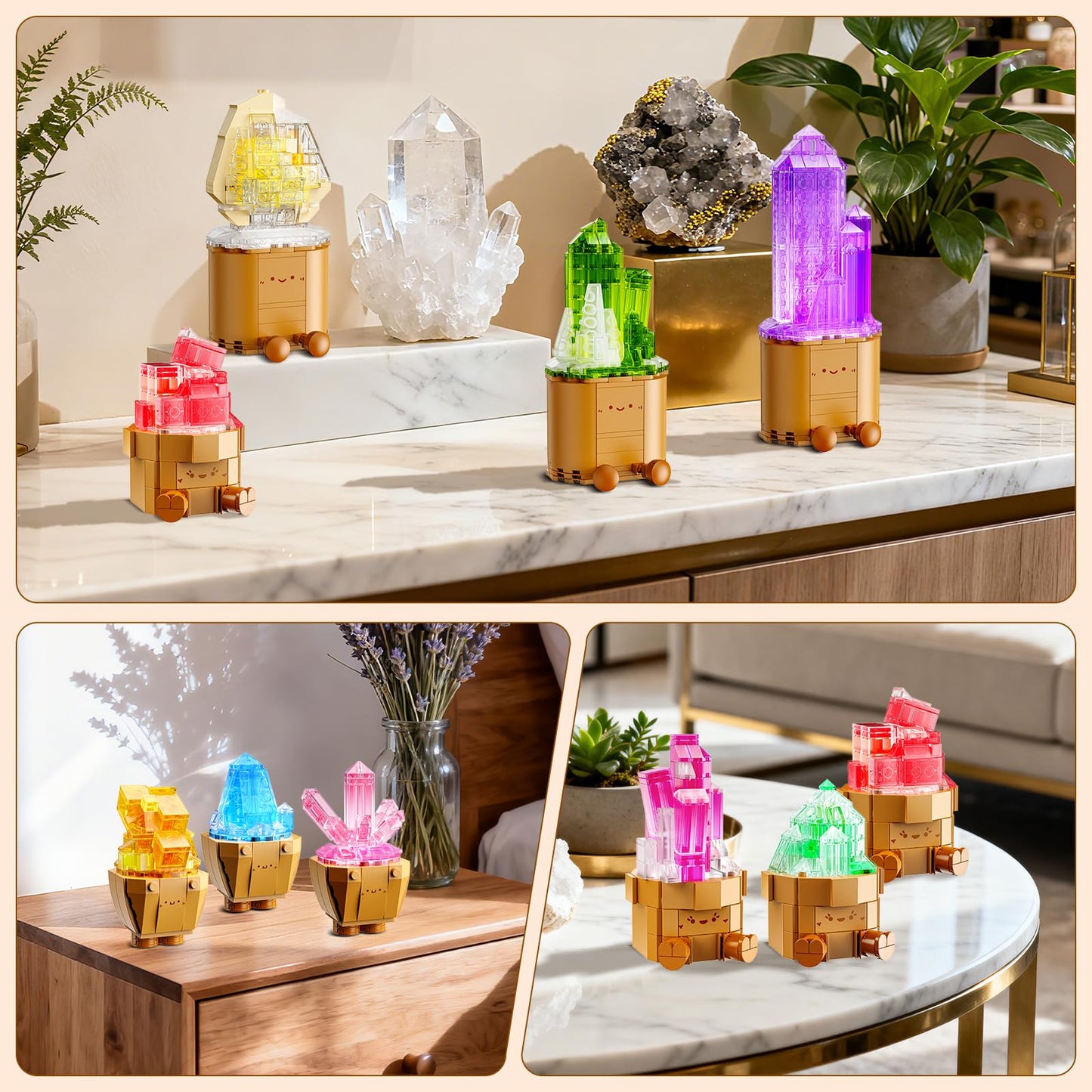 CUBIMANA 9 Pack Mineral Collection 3.6MM Mini Building Set for Adults with LED Light, 1170PCS Crystals Flower Botanical Bonsai Block Toy for Home Office Decor, Valentines Day Gifts for Teens Women