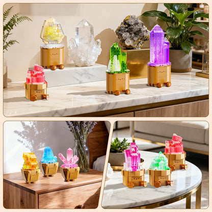 CUBIMANA 9 Pack Mineral Collection 3.6MM Mini Building Set for Adults with LED Light, 1170PCS Crystals Flower Botanical Bonsai Block Toy for Home Office Decor, Valentines Day Gifts for Teens Women