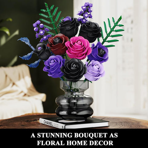 HOGOKIDS Valentine 14 Purple Roses Botanical Collection Building Block, 546PCS Artificial Black Rose Gothic Floral Home Office Decor, Birthday Gifts for Women Adults