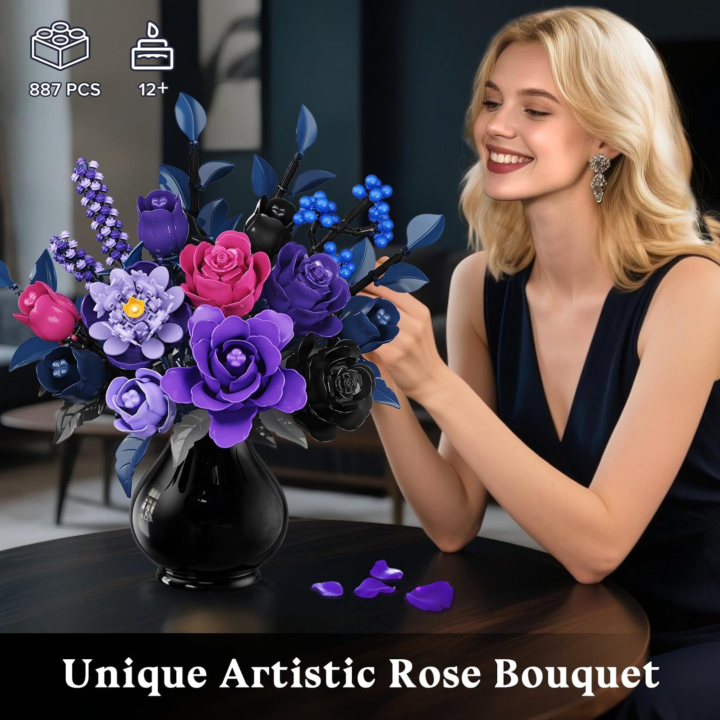 HiWEEGO 17 Artificial Flowers Toy, 887PCS Purple Roses Botanical Collection Building Block, Gothic Home Decor Valentine Birthday Gifts