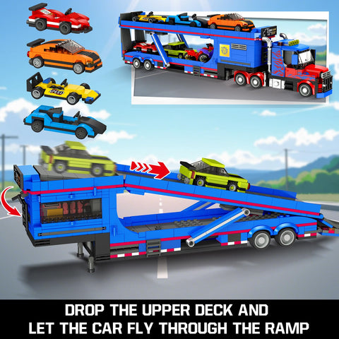 CUBIMANA City Transporter Truck Building Set with 7 Sports Cars - Adjustable Loading Ramp Tow Semi Truck with Carrier Aged 8-14