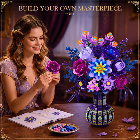 PLAXSOON Flowers Building Set with Vase for Her Adults, Botanical Decor