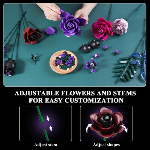 HOGOKIDS Valentine 14 Purple Roses Botanical Collection Building Block, 546PCS Artificial Black Rose Gothic Floral Home Office Decor, Birthday Gifts for Women Adults