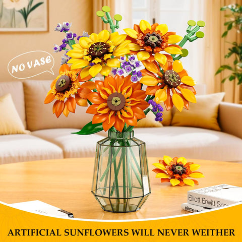 CUBIMANA 17 Flowers Sunflower Bouquet Building Set with Lights (1011PCS)