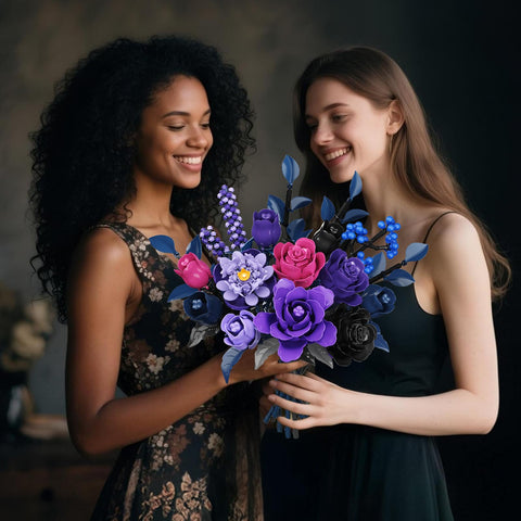 HiWEEGO 17 Artificial Flowers Toy, 887PCS Purple Roses Botanical Collection Building Block, Gothic Home Decor Valentine Birthday Gifts