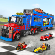CUBIMANA City Transporter Truck Building Set with 7 Sports Cars - Adjustable Loading Ramp Tow Semi Truck with Carrier Aged 8-14