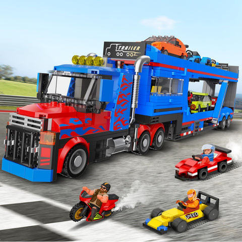 CUBIMANA City Transporter Truck Building Set with 7 Sports Cars - Adjustable Loading Ramp Tow Semi Truck with Carrier Aged 8-14