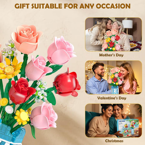 CUBIMANA 14 Flowers Bouquet Building Set with Vase and LED Light, Mother's Day 747 PCS