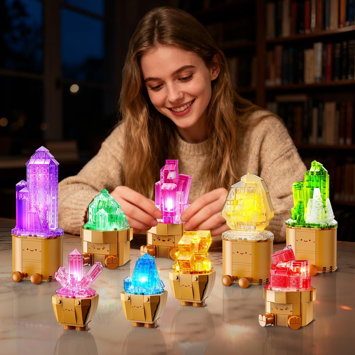 CUBIMANA 9 Pack Mineral Collection 3.6MM Mini Building Set for Adults with LED Light, 1170PCS Crystals Flower Botanical Bonsai Block Toy for Home Office Decor, Valentines Day Gifts for Teens Women