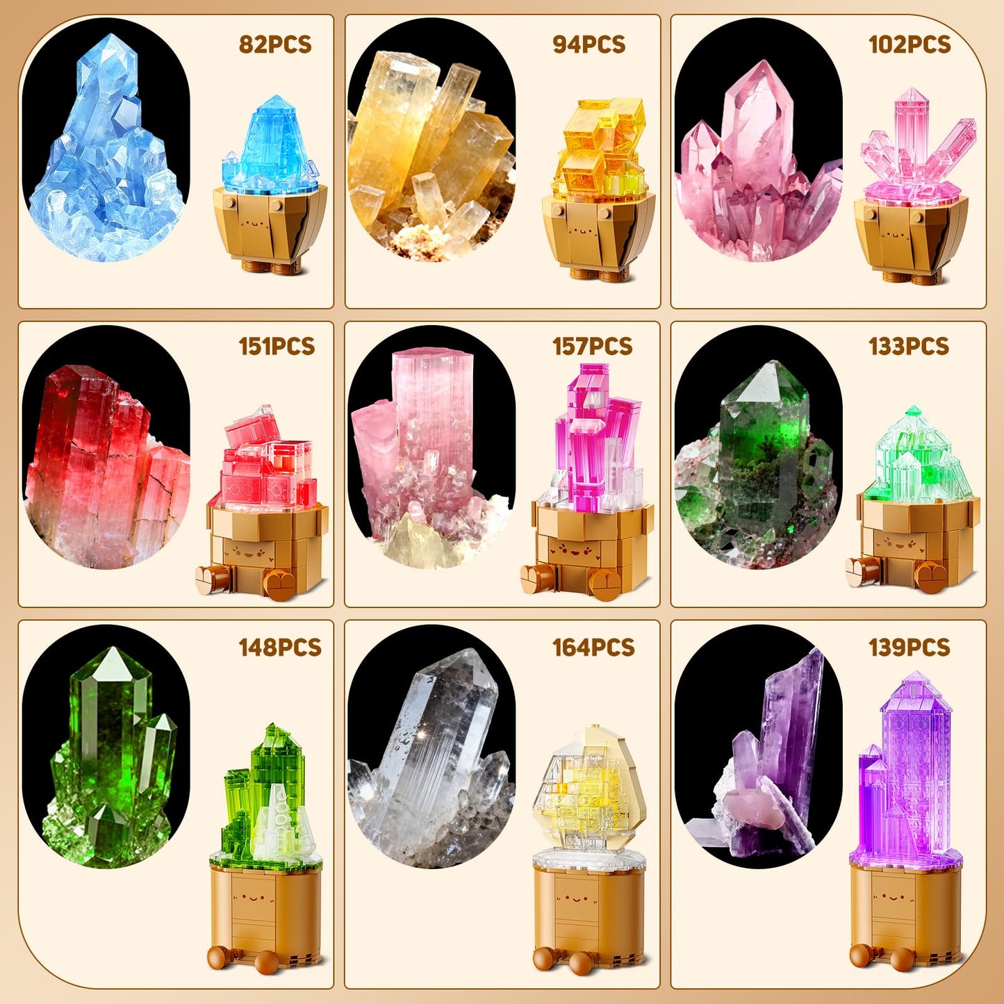 CUBIMANA 9 Pack Mineral Collection 3.6MM Mini Building Set for Adults with LED Light, 1170PCS Crystals Flower Botanical Bonsai Block Toy for Home Office Decor, Valentines Day Gifts for Teens Women