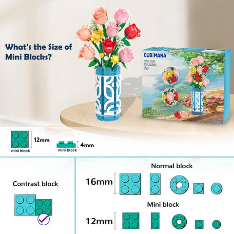 CUBIMANA 14 Flowers Bouquet Building Set with Vase and LED Light, Mother's Day 747 PCS