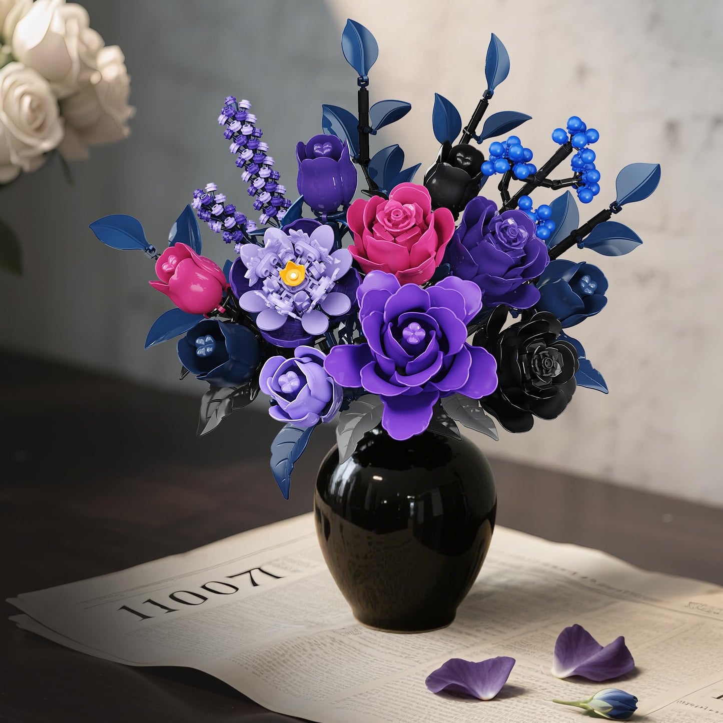 HiWEEGO 17 Artificial Flowers Toy, 887PCS Purple Roses Botanical Collection Building Block, Gothic Home Decor Valentine Birthday Gifts