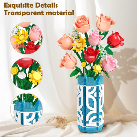 CUBIMANA 14 Flowers Bouquet Building Set with Vase and LED Light, Mother's Day 747 PCS
