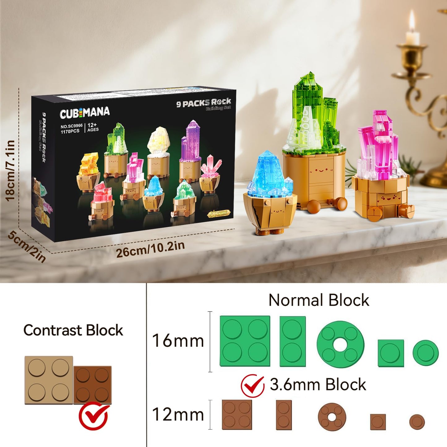 CUBIMANA 9 Pack Mineral Collection 3.6MM Mini Building Set for Adults with LED Light, 1170PCS Crystals Flower Botanical Bonsai Block Toy for Home Office Decor, Valentines Day Gifts for Teens Women