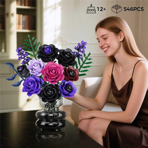 HOGOKIDS Valentine 14 Purple Roses Botanical Collection Building Block, 546PCS Artificial Black Rose Gothic Floral Home Office Decor, Birthday Gifts for Women Adults