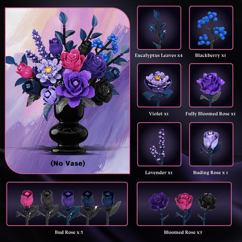 HiWEEGO 17 Artificial Flowers Toy, 887PCS Purple Roses Botanical Collection Building Block, Gothic Home Decor Valentine Birthday Gifts