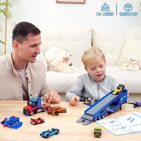 CUBIMANA City Transporter Truck Building Set with 7 Sports Cars - Adjustable Loading Ramp Tow Semi Truck with Carrier Aged 8-14