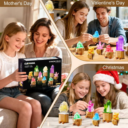 CUBIMANA 9 Pack Mineral Collection 3.6MM Mini Building Set for Adults with LED Light, 1170PCS Crystals Flower Botanical Bonsai Block Toy for Home Office Decor, Valentines Day Gifts for Teens Women