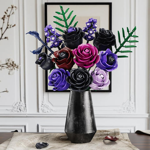 HOGOKIDS Valentine 14 Purple Roses Botanical Collection Building Block, 546PCS Artificial Black Rose Gothic Floral Home Office Decor, Birthday Gifts for Women Adults