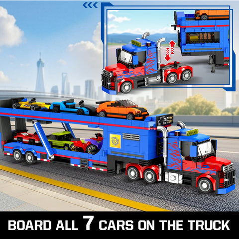 CUBIMANA City Transporter Truck Building Set with 7 Sports Cars - Adjustable Loading Ramp Tow Semi Truck with Carrier Aged 8-14