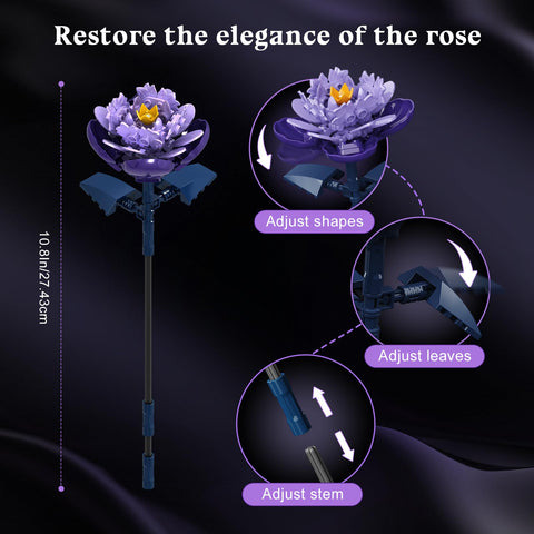HiWEEGO 17 Artificial Flowers Toy, 887PCS Purple Roses Botanical Collection Building Block, Gothic Home Decor Valentine Birthday Gifts