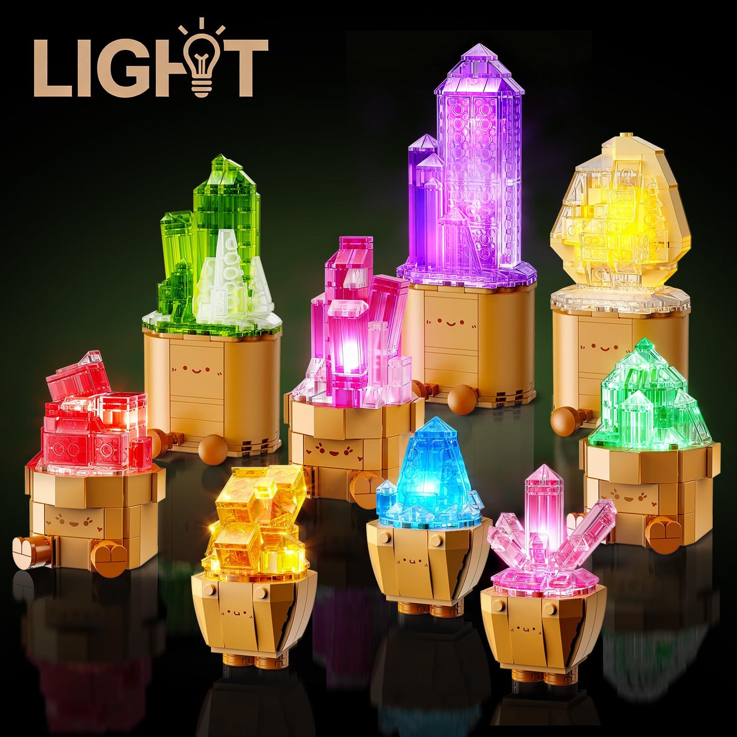 CUBIMANA 9 Pack Mineral Collection 3.6MM Mini Building Set for Adults with LED Light, 1170PCS Crystals Flower Botanical Bonsai Block Toy for Home Office Decor, Valentines Day Gifts for Teens Women