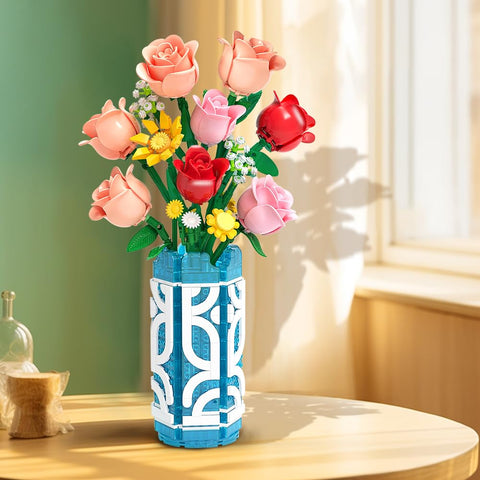 CUBIMANA 14 Flowers Bouquet Building Set with Vase and LED Light, Mother's Day 747 PCS