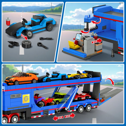 CUBIMANA City Transporter Truck Building Set with 7 Sports Cars - Adjustable Loading Ramp Tow Semi Truck with Carrier Aged 8-14