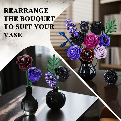 HOGOKIDS Valentine 14 Purple Roses Botanical Collection Building Block, 546PCS Artificial Black Rose Gothic Floral Home Office Decor, Birthday Gifts for Women Adults