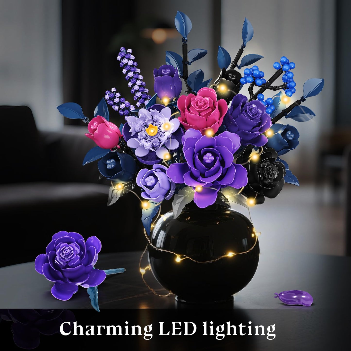 HiWEEGO 17 Artificial Flowers Toy, 887PCS Purple Roses Botanical Collection Building Block, Gothic Home Decor Valentine Birthday Gifts