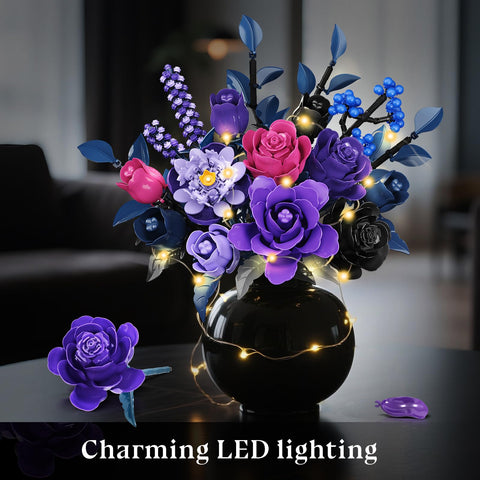 HiWEEGO 17 Artificial Flowers Toy, 887PCS Purple Roses Botanical Collection Building Block, Gothic Home Decor Valentine Birthday Gifts