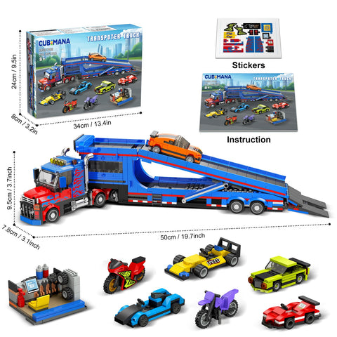 CUBIMANA City Transporter Truck Building Set with 7 Sports Cars - Adjustable Loading Ramp Tow Semi Truck with Carrier Aged 8-14