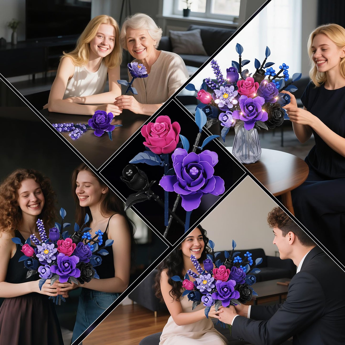 HiWEEGO 17 Artificial Flowers Toy, 887PCS Purple Roses Botanical Collection Building Block, Gothic Home Decor Valentine Birthday Gifts