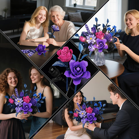 HiWEEGO 17 Artificial Flowers Toy, 887PCS Purple Roses Botanical Collection Building Block, Gothic Home Decor Valentine Birthday Gifts