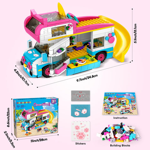 HOGOKIDS 3-in-1 Beach Camper Van Building Set, Gift for Boys Girls Age 6+